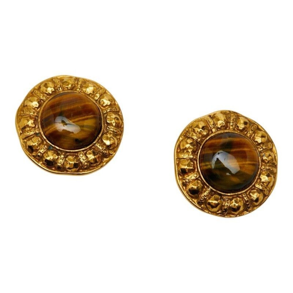 Chanel Round Plated Tiger Eye Earrings Gold